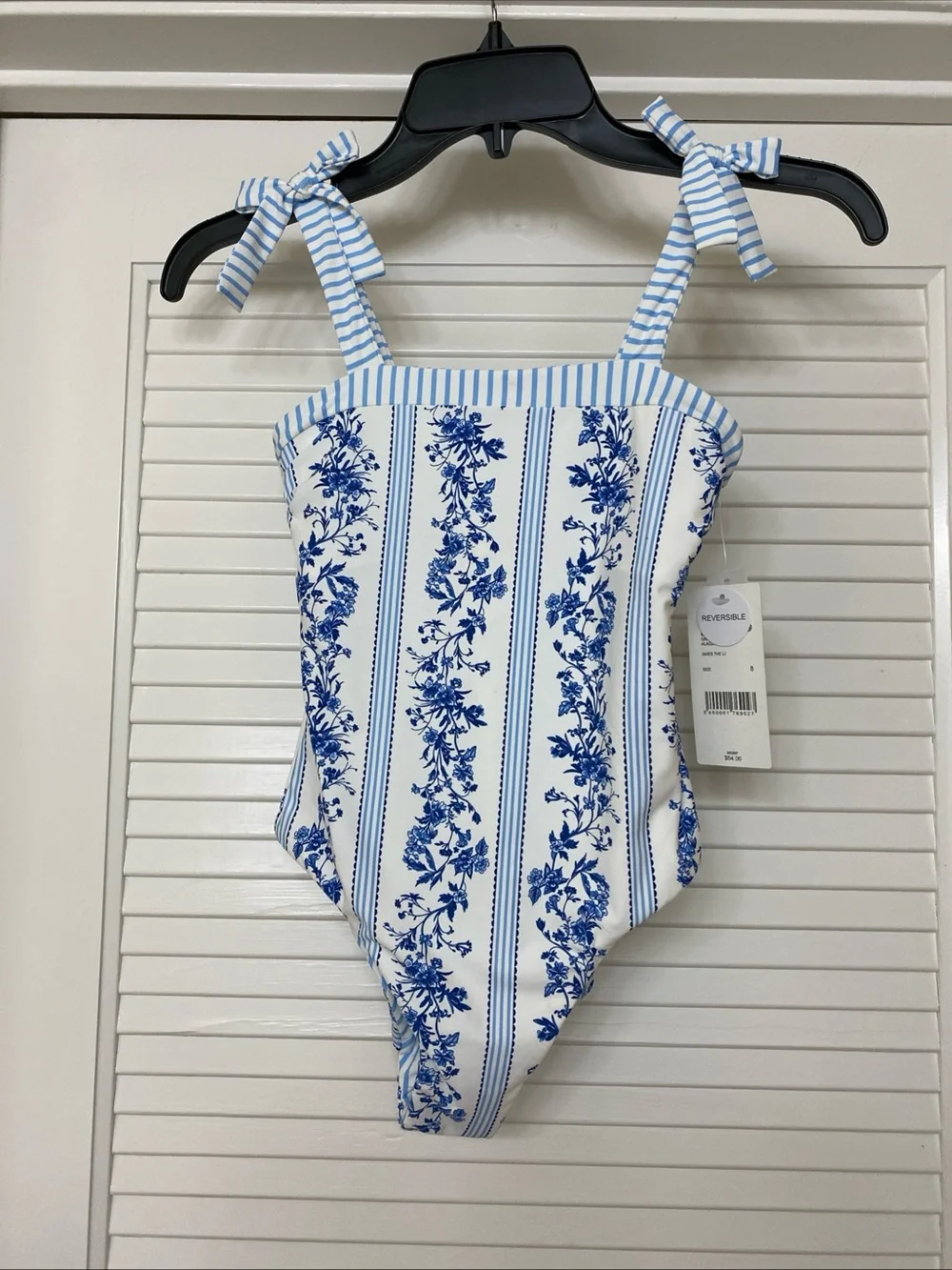 Reversible Blue & White Floral Stripe Kids Reversible One-Piece Swimsuit